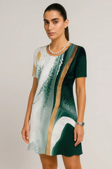 Gaun Lengan Pendek Cetak Bertekstur Vintage