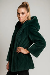 Women's dark green faux fur coat with hood - elegant winter outerwear