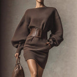 Women's Brown Bodycon Mini Dress, Boat Neck Long Sleeve Casual Dress With Belt