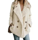 Women's Fleece Double-Breasted Coat-Beige-1