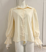 Women's Puff Sleeve Button Down Blouse, Ruffle Detail Dressy Casual Work Top