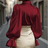 Women's Puff Sleeve Button Down Blouse, Ruffle Detail Dressy Casual Work Top