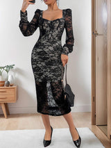 Perfee Lace Sweetheart Neck Long Sleeve Midi Dress-Black-1