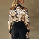 Elegant Women's Printed Satin Shirt - Lapel Collar Long Sleeve Button Down Blouse With Flowy Design