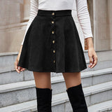 Women's Vintage Corduroy Mini Skirt, Button Decor A-Line High Waist Short Skirt
