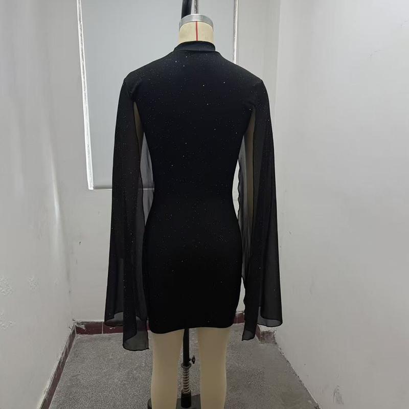 Women's Sparkly Bodycon Mini Dress, Mock Neck Cloak Sleeve Cocktail Dress