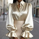 Women's Puff Sleeve Button Down Blouse, Ruffle Detail Dressy Casual Work Top