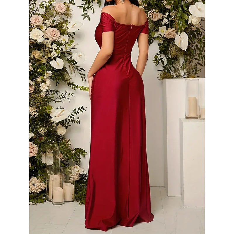 Women's Off-Shoulder Bodycon Gown, Short Sleeve High Slit Formal Evening Dress