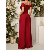 Women's Off-Shoulder Bodycon Gown, Short Sleeve High Slit Formal Evening Dress