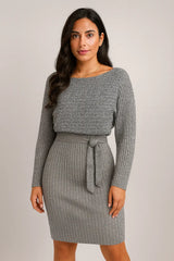 2 pcs Setelan Wanita Garis Padat Lengan Panjang Atasan dan Rok Suspender Ketat Mode Musim Gugur Musim Dingin Pakaian Ramping