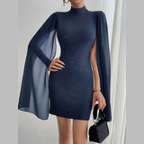 Women's Glitter Bodycon Mini Dress, Mock Neck Cloak Sleeve Cocktail Dress For Wedding Guest Party