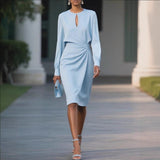 Temperament Pure Color Pleated Waist Tight Round Neck Hollow Dress