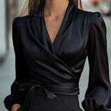 Women's Elegant Solid Color V-Neck Satin Long Sleeve Blouse, Tie Waist Professional Office Shirt For Spring Autumn