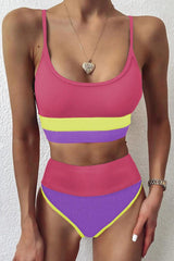 Color Block Spaghetti Strap Two-Piece Swim Set-Strawberry-7