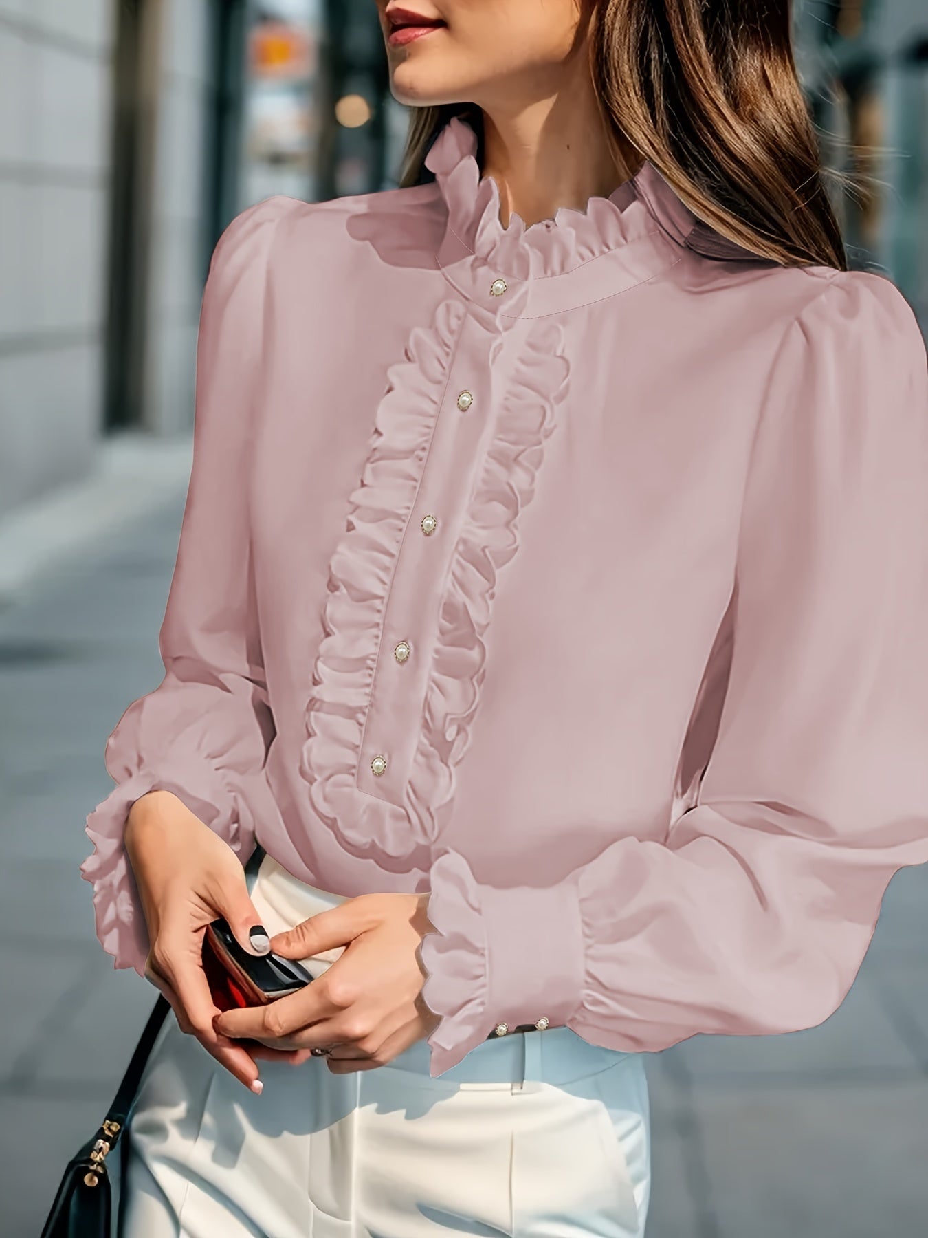 Fashionable Stand-Up Collar Long-Sleeved Shirt with Lotus Leaf Hem | Elegant & Unique