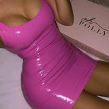 Solid Color Sling Dress Female Sexy Tight Leather Hip Skirt Party Festival Dresses-Pink-7