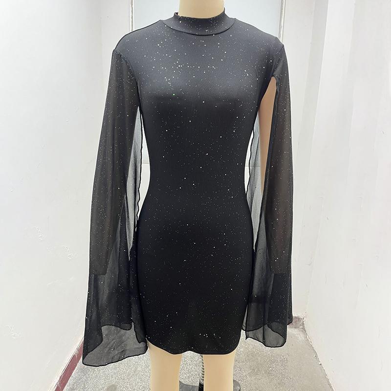 Women's Glitter Bodycon Mini Dress, Mock Neck Cloak Sleeve Cocktail Dress For Wedding Guest Party