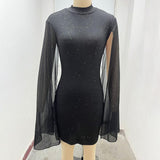 Women's Glitter Bodycon Mini Dress, Mock Neck Cloak Sleeve Cocktail Dress For Wedding Guest Party