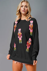 Double Take Sequin Nutcracker Round Neck Long Sleeve Sweatshirt-Black-3