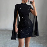 Women's Glitter Bodycon Mini Dress, Mock Neck Cloak Sleeve Cocktail Dress For Wedding Guest Party