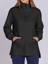 ฺHigh-Low Quarter Zip Long Sleeve Sweatshirt-Black-4