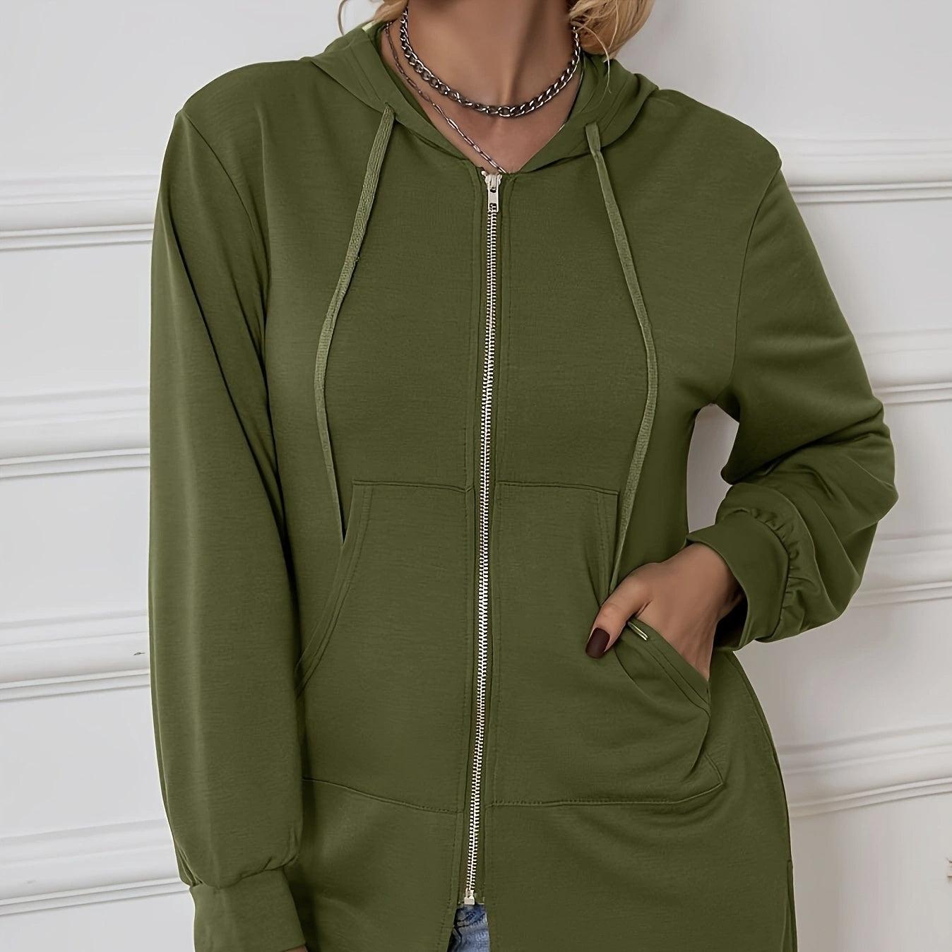 Women's Military Green Hooded Sweatshirt – Lightweight Zipper Jacket with Drawstring for Casual Sporty Style
