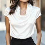 Women's Solid Color Cowl Neck Ruched Blouse, Elegant Short Sleeve Shiny Office Shirt, Wrinkle-Resistant For Wedding & Formal Occasions