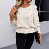 Women's Heart Print Blouse, Long Sleeve Smocked Crew Neck Casual Top