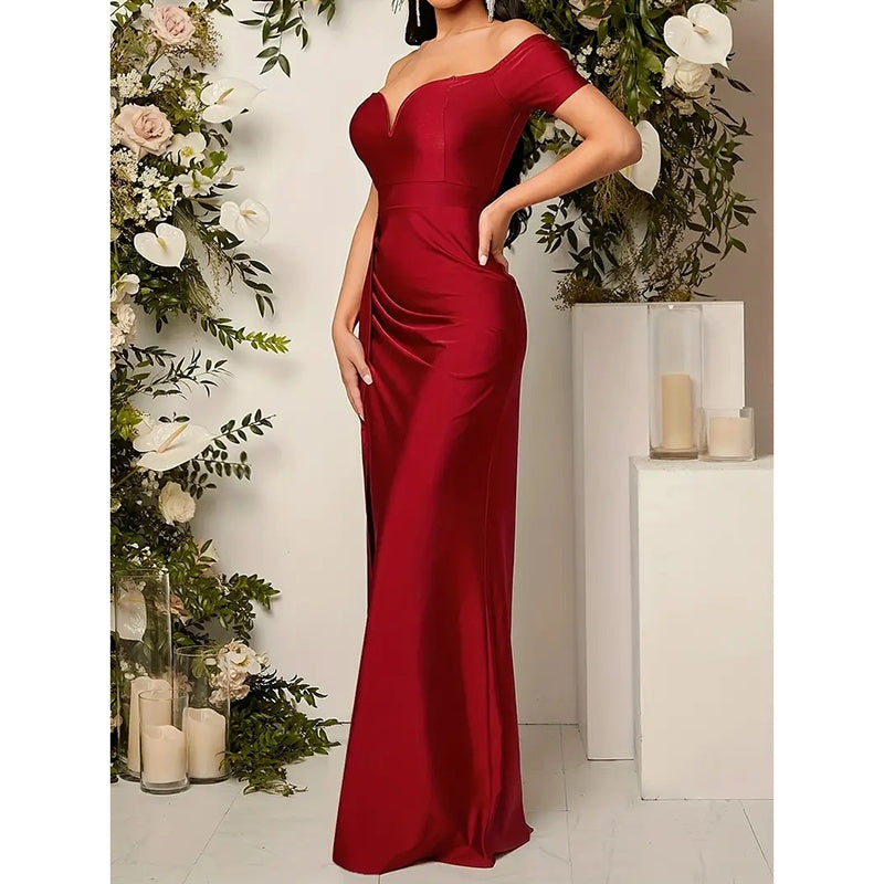 Women's Off-Shoulder Bodycon Gown, Short Sleeve High Slit Formal Evening Dress