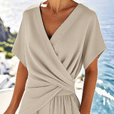 Women's Fashion Solid Color 2-Piece Set Short Sleeve Cross V-Neck Top With Ruched Detail & Wide Leg Jumpsuit With Pockets