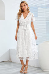 Sequin Leaf Embroidery Tie Front Short Sleeve Dress-10