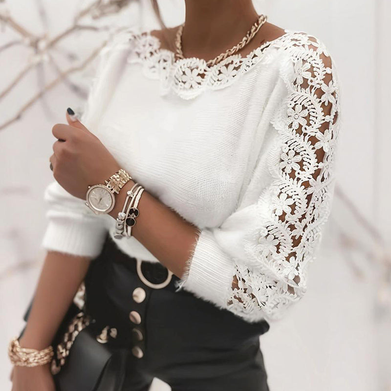 Women's Lace Patch Sweater, Hollow-Out Crewneck Long Sleeve Soft Pullover
