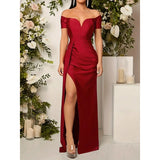 Women's Off-Shoulder Bodycon Gown, Short Sleeve High Slit Formal Evening Dress