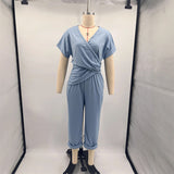 Women's Fashion Solid Color 2-Piece Set Short Sleeve Cross V-Neck Top With Ruched Detail & Wide Leg Jumpsuit With Pockets