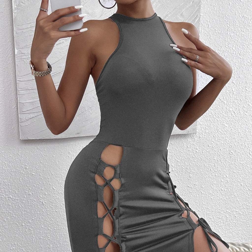 Women's Solid Color Sleeveless Dress | Sexy Cross-Tie Hip-Hugging Skirt with Slit