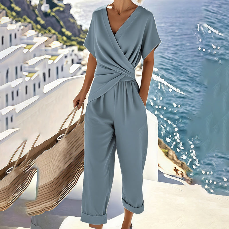 Women's Fashion Solid Color 2-Piece Set Short Sleeve Cross V-Neck Top With Ruched Detail & Wide Leg Jumpsuit With Pockets