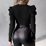 Women's Beaded U-Neck Puff Sleeve T-Shirt, Rib Knit Slim Fit Long Sleeve Top