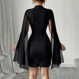 Women's Sparkly Bodycon Mini Dress, Mock Neck Cloak Sleeve Cocktail Dress