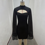 Women's Sparkly Bodycon Mini Dress, Mock Neck Cloak Sleeve Cocktail Dress