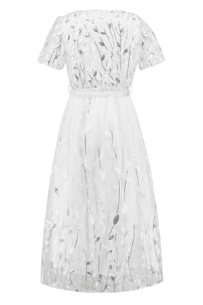 Sequin Leaf Embroidery Tie Front Short Sleeve Dress-14