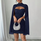 Women's Sparkly Bodycon Mini Dress, Mock Neck Cloak Sleeve Cocktail Dress