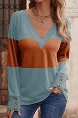 Decorative Button Contrast V-Neck Long Sleeve T-Shirt-Orange-13