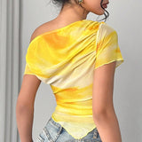 One-Shoulder Tie Dye Mesh Tee