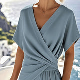 Women's Fashion Solid Color 2-Piece Set Short Sleeve Cross V-Neck Top With Ruched Detail & Wide Leg Jumpsuit With Pockets