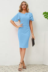 Slit Round Neck Flutter Sleeve Dress-Light Blue-1