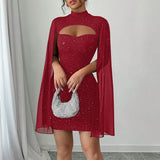 Women's Sparkly Bodycon Mini Dress, Mock Neck Cloak Sleeve Cocktail Dress