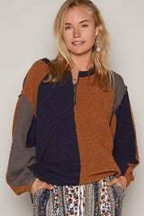 POL Color Block Half Zip Dropped Shoulder Sweatshirt-Terracotta-1