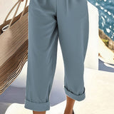 Women's Fashion Solid Color 2-Piece Set Short Sleeve Cross V-Neck Top With Ruched Detail & Wide Leg Jumpsuit With Pockets