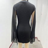 Women's Glitter Bodycon Mini Dress, Mock Neck Cloak Sleeve Cocktail Dress For Wedding Guest Party