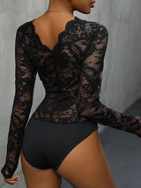 Perfee Lace Plunge Long Sleeve Bodysuit-2